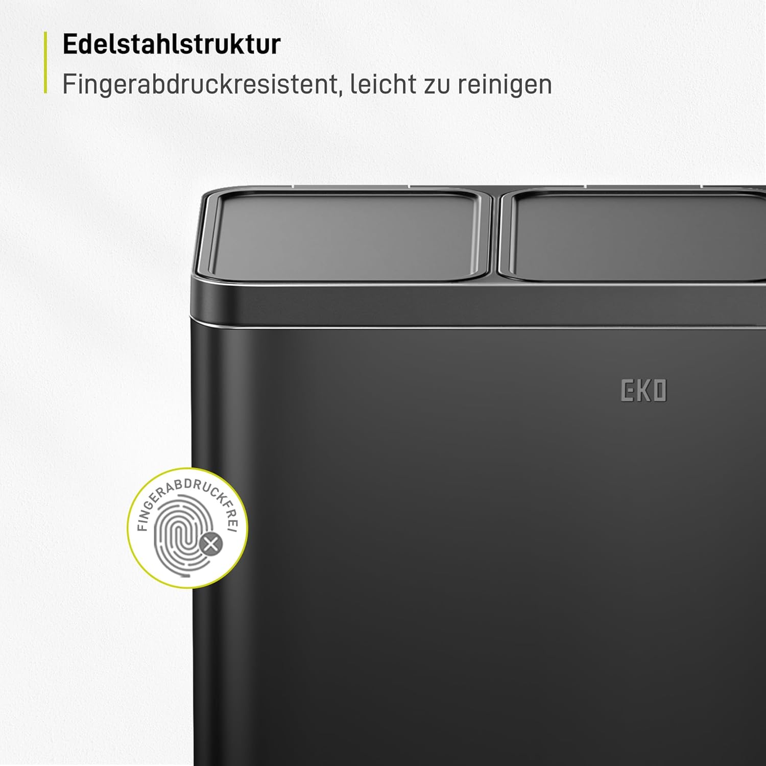 EKO Essential Mülleimer 3 Fächer, 3 x 20 Liter, Mülltrennsystem Küchentretmülleimer, inklusive 20 Müllsäcke, Großraum Abfalleimer mit Deckel, sanftem Schließen und luftdicht, Mattschwarz Edelstahl