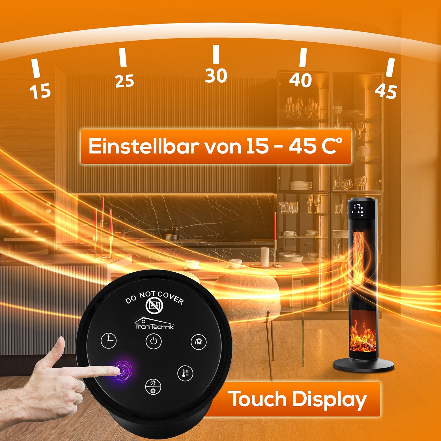 TroniTechnik® PTC Turmheizer Keramikheizer Elektrokamin mit Heizung und Kaminfeuer 2000 Watt Heizlüfter, Oszillation