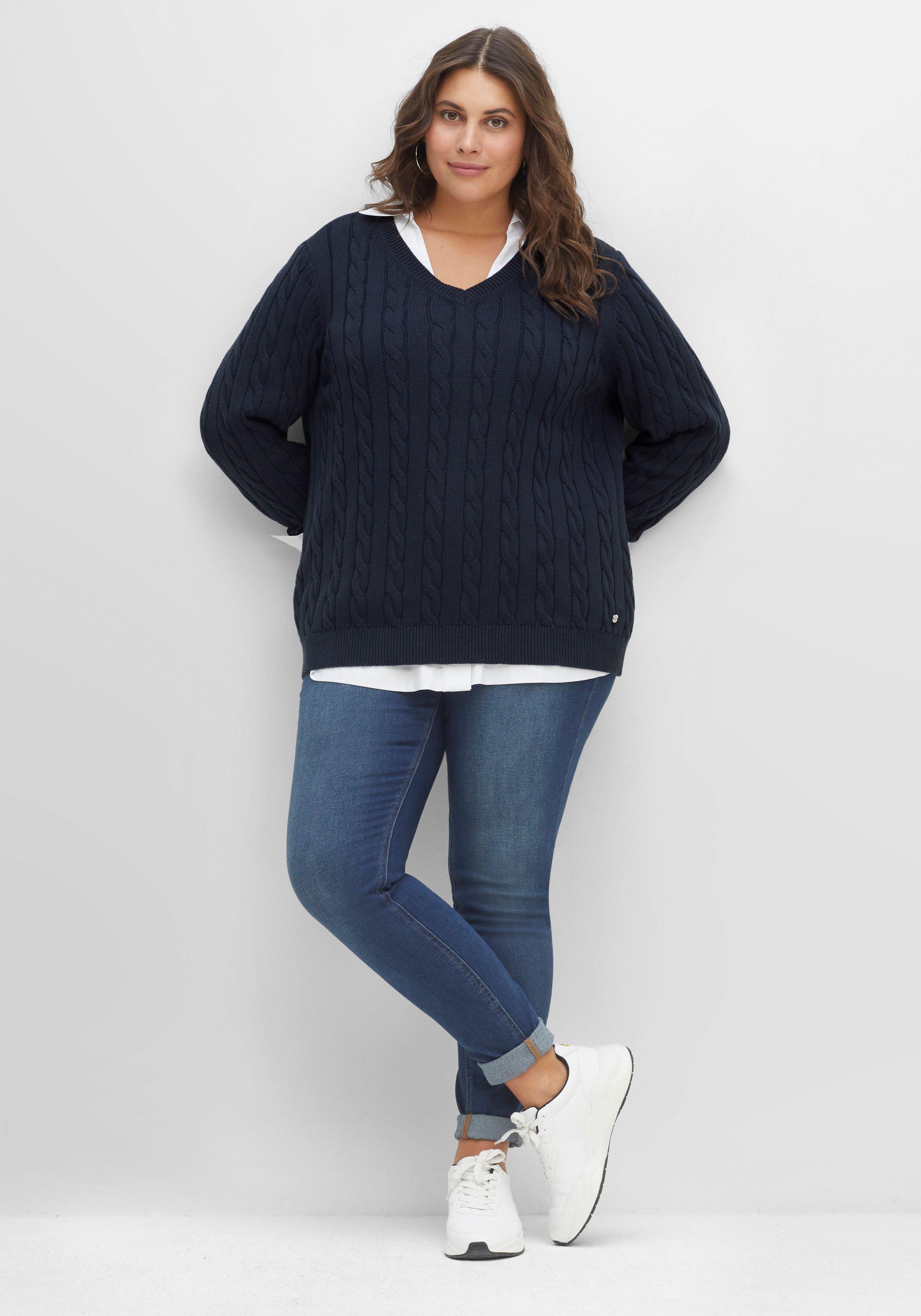Pullover mit Zopfmuster und V-Ausschnitt