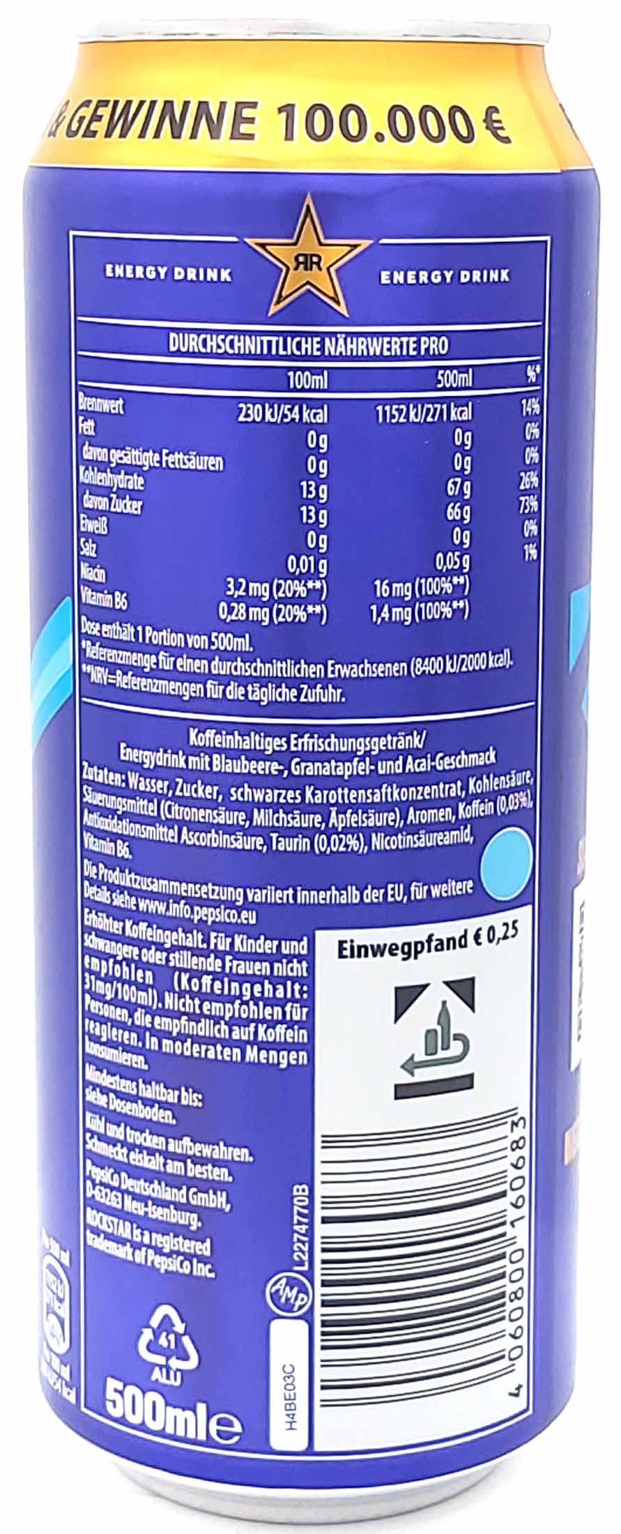 Rockstar Energy Drink Blueberry Pomegranate Acai Flavour Dosen 12x500ml=6L MHD MHD:13.9.25