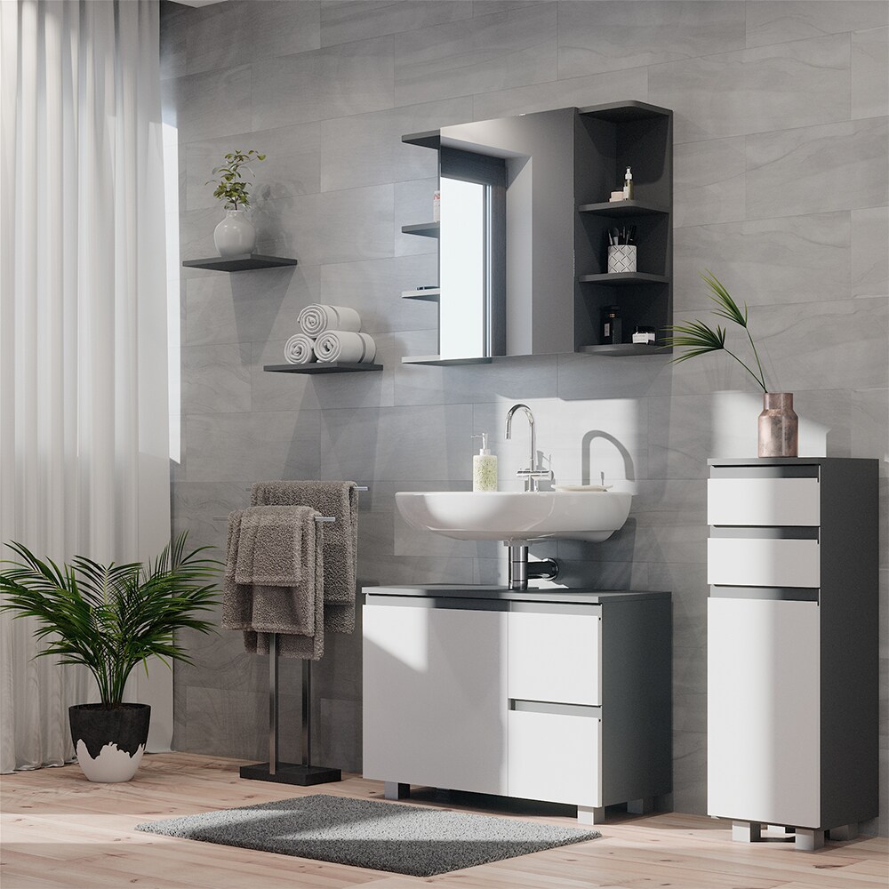 Vicco Badmöbelset J-shape Anthrazit Weiß modern Badezimmer Schrank Badschrank Waschtischunterschrank Spiegelschrank Midischrank Schranktür Schrankschublade Schrankfach Ablage Aufbewahrung