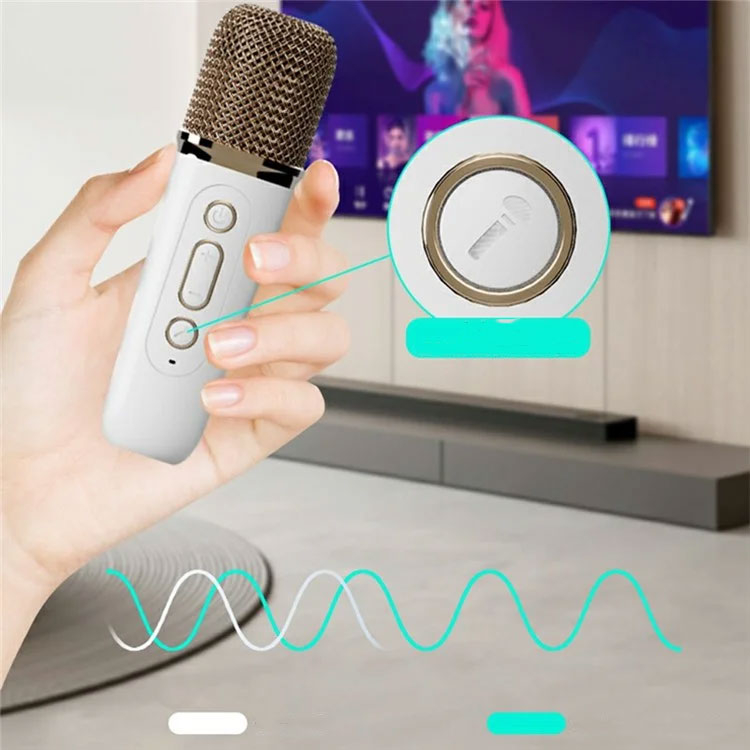 Mini Bluetooth Karaoke-Lautsprecher mit RGB-Beleuchtung und 2 Mikrofone AUX / microSD-Karte / USB (iOS/Android) - Weiss
