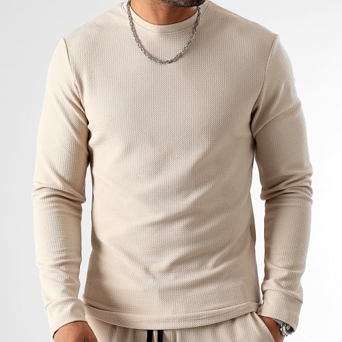 Ensemble Sweat Crewneck Et Pantalon Waffle 0658 Beige Clair