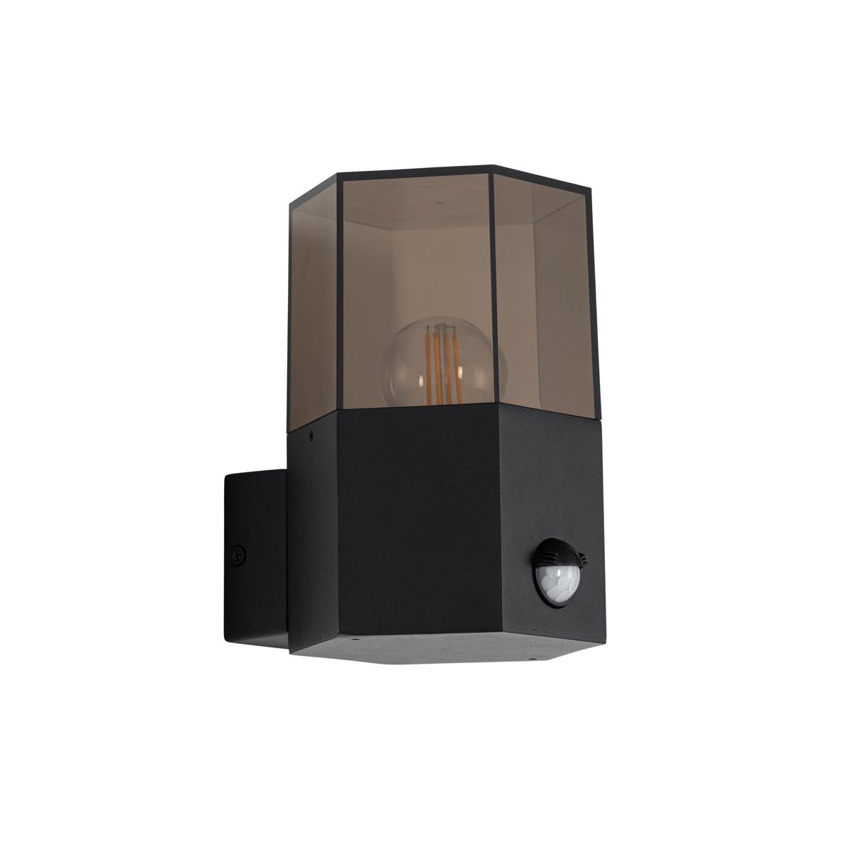 Buiten wandlamp zwart met smoke glas zeshoek en bewegingssensor - Denmark