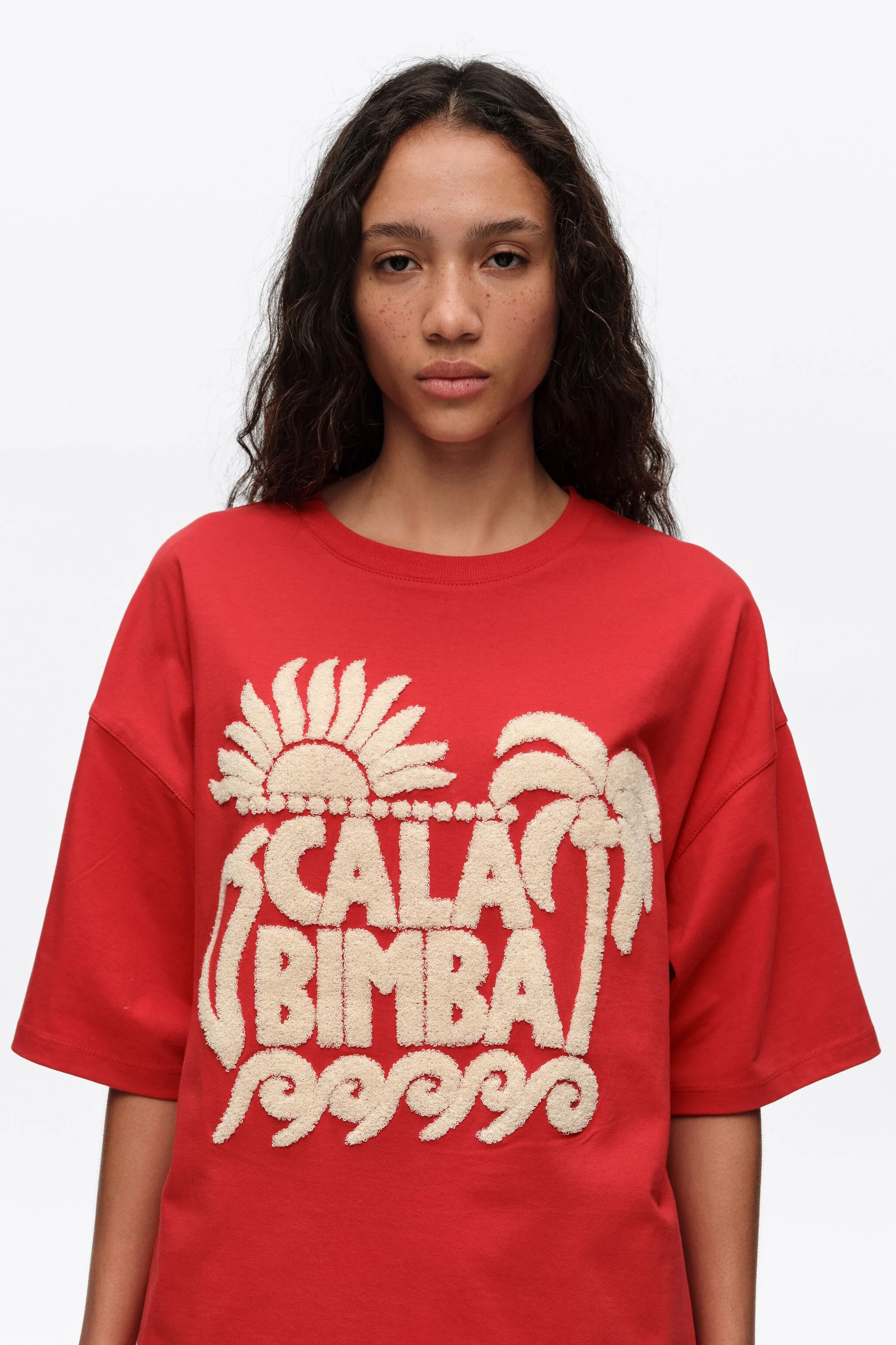 Camiseta vermelha com logo de toalha