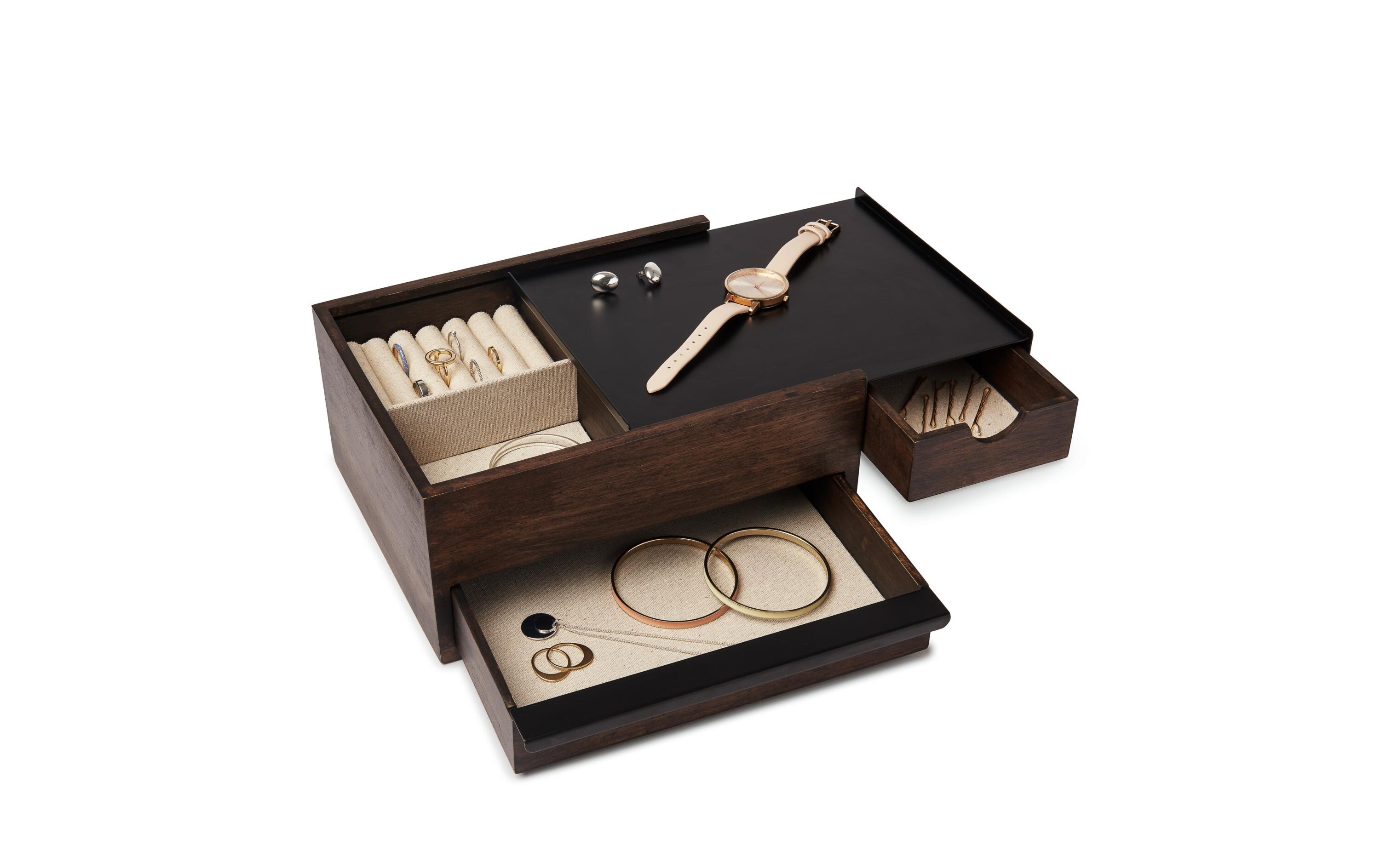 Schmuckschatulle Stowit Weiss/WallnussModerne Schmuck-Box mit Geheimfächern