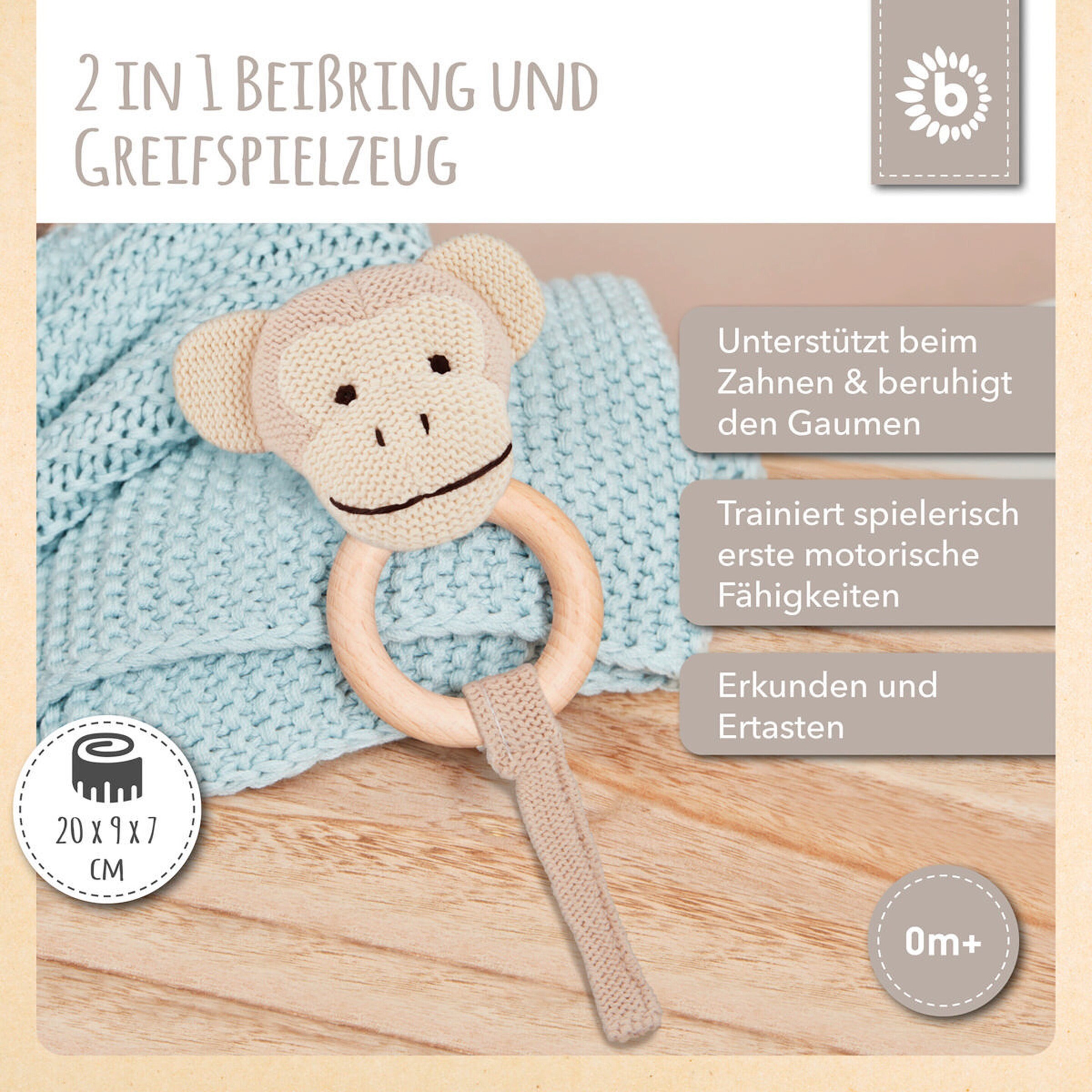 Bieco Greifling Holz Natur und Baumwolle mit Rassel Affe - ab Geburt Braun