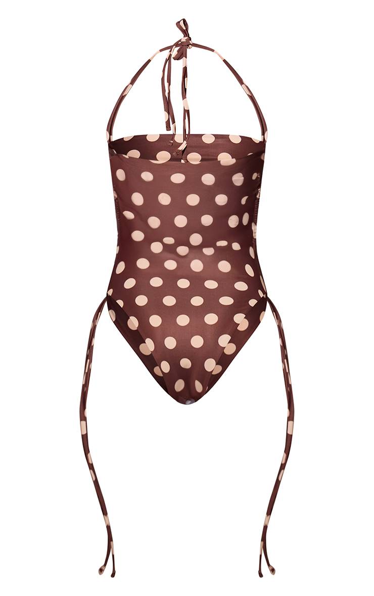 Chocolat Maillot De Bain Une Pièce À Col Licou Avec Fronces Latérales Et Imprimé À Pois