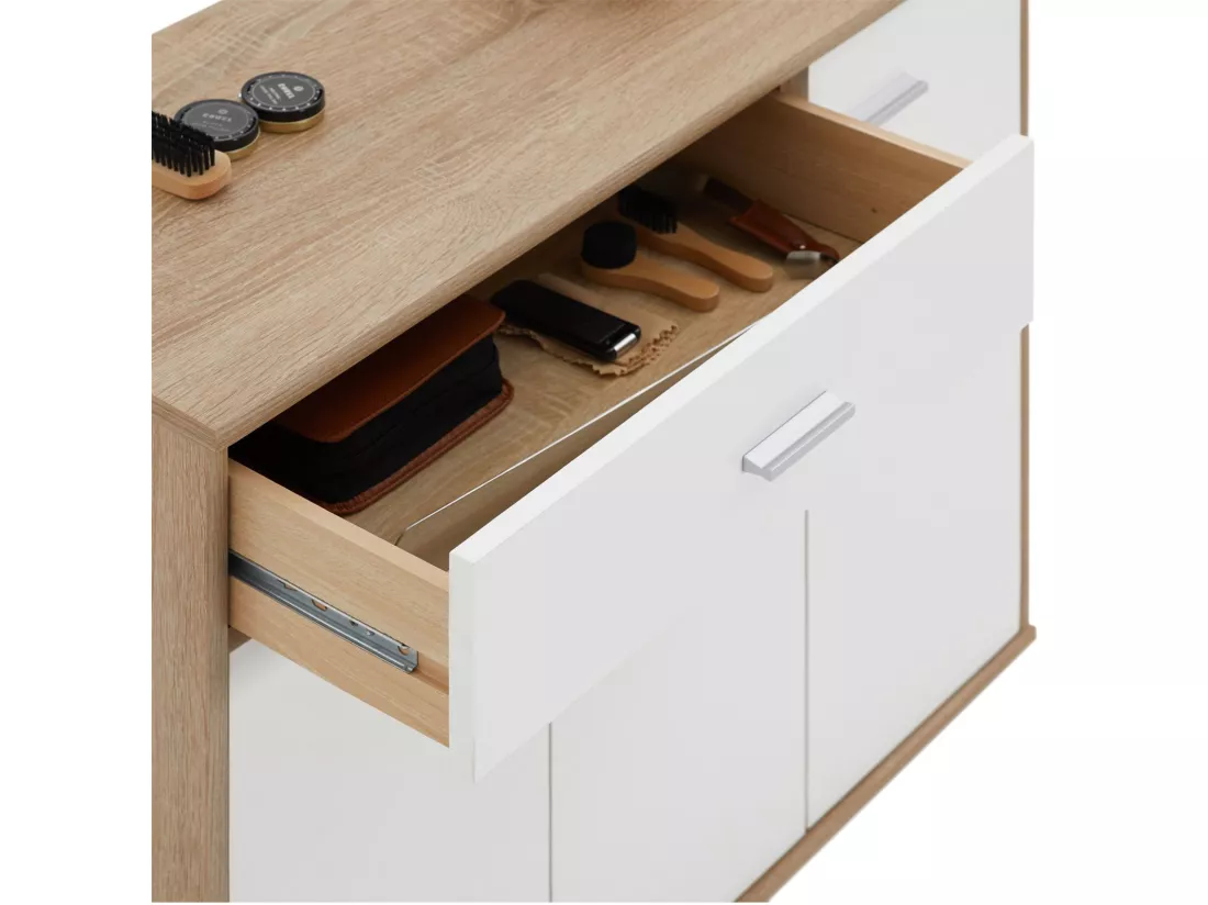 Meuble à chaussures CAMILLE, commode meuble de rangement avec 1 tiroir et 3 portes, en mélaminé décor chêne sonoma et blanc mat