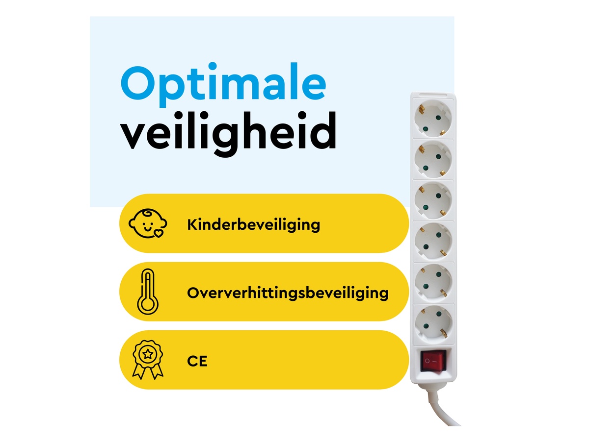 BRASQ 1,4 meter 6 voudige stekkerdoos met schakelaar - White