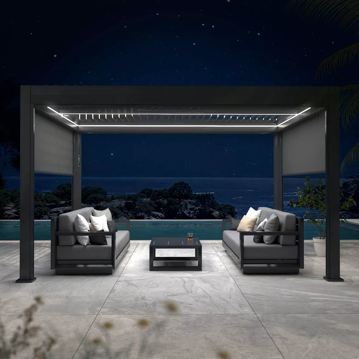 Pergola bioclimatique Autoportée motorisée aluminium et LED (3 x 4 m) Gris anthracite