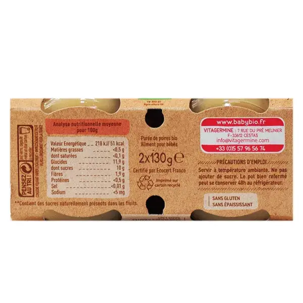 Babybio Frutas em Pote Pera da Provence Orgânica +4 meses 2 x 130g