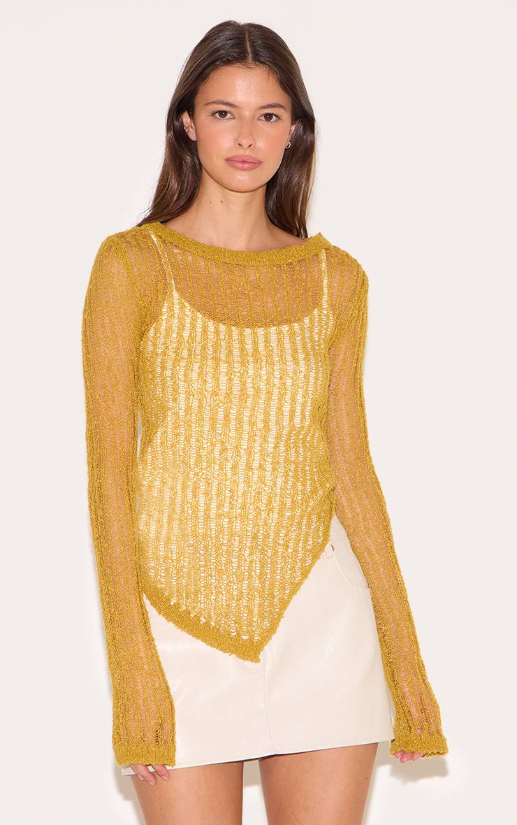 Vert Olive Haut Asymétrique Ajouré En Maille Échelle Transparente