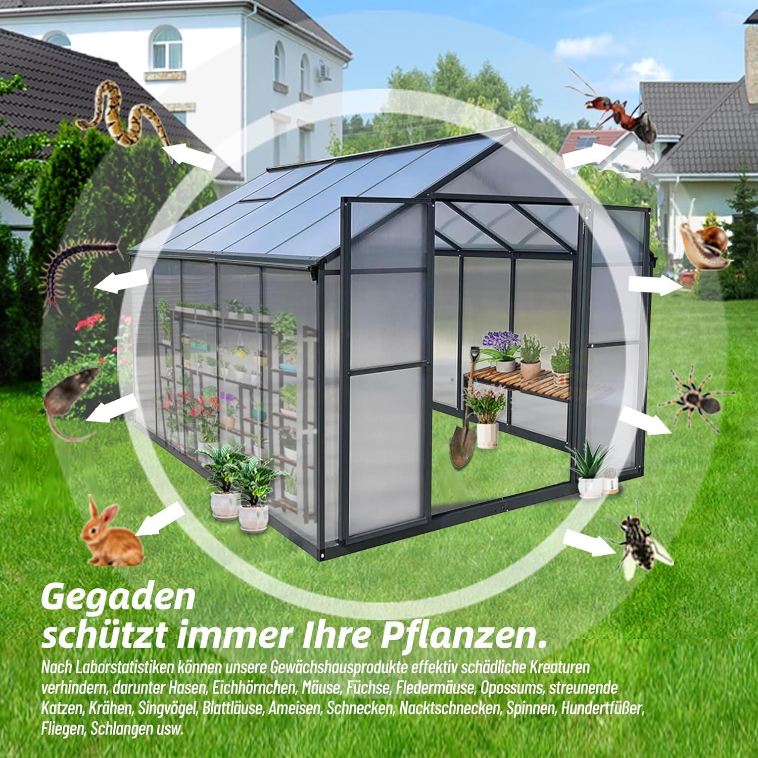 Gewächshaus Aluminium für den Garten |Mit 8 cm dickeres Fundament| 301*238*210 cm | Vielseitig nutzbar als Treibhaus Gartenhaus Winterfest Aufzucht Tomatenhaus Frühbeet und Pflanzenhaus Grau