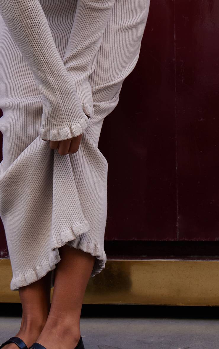 Beige Robe Maxi À Ourlet Piquet En Maille Côtelée