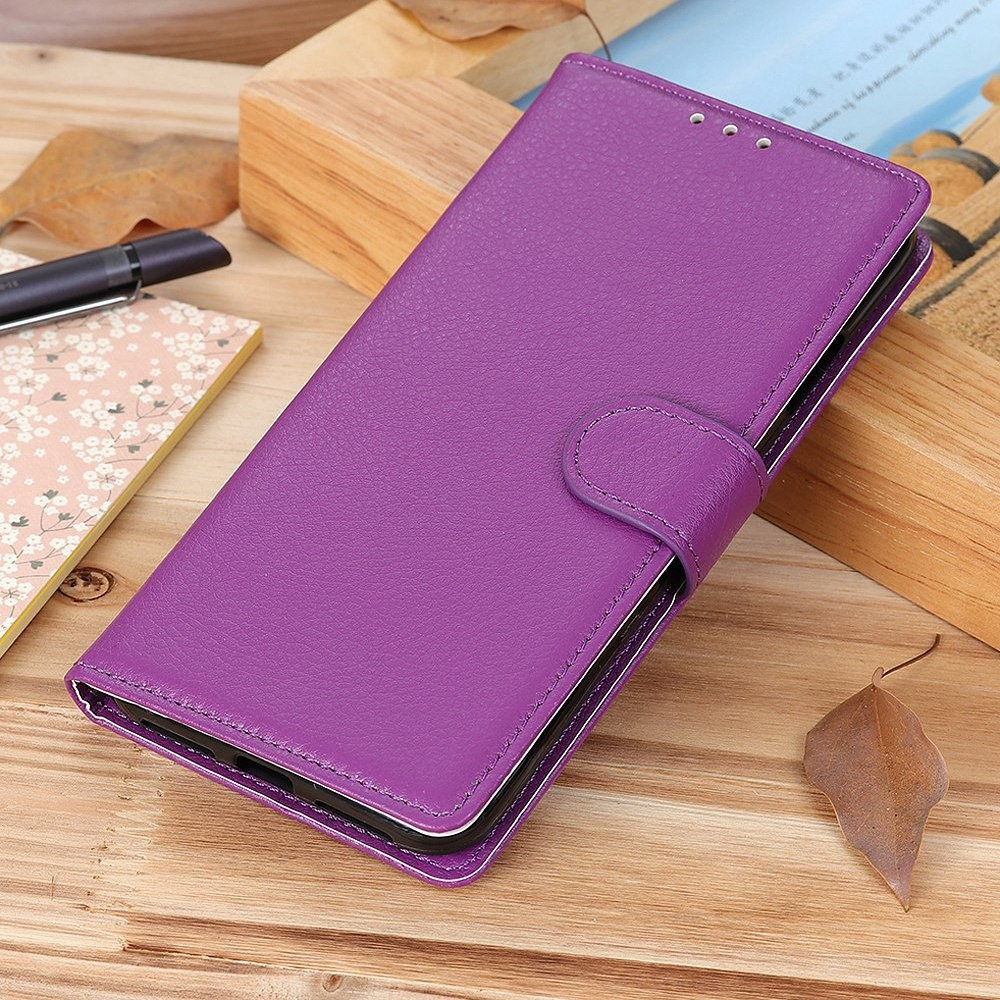 iPhone 16 Leder Tasche Flip Cover Litchi Look - Violett