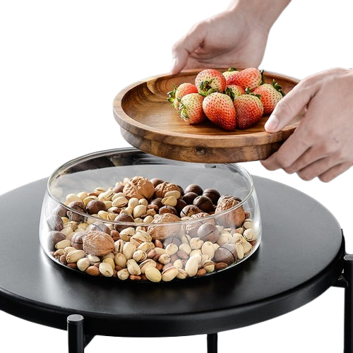 (1200ml) 2in1 Vorrats Glas Snack Schale Aufbewahrungs Behälter Lebensmittel Frischhalte Dose mit Holz Deckel Teller - Transparent