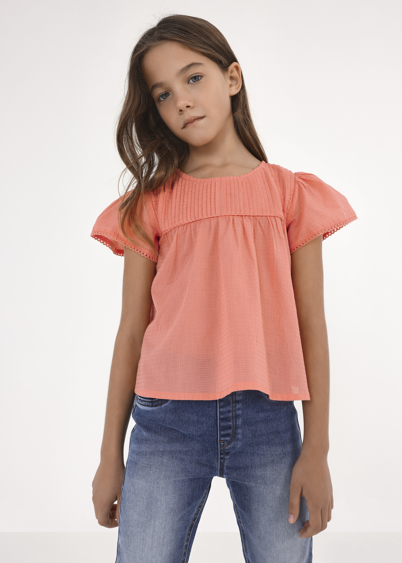 Blusa de manga curta com cordões de algodão para meninas