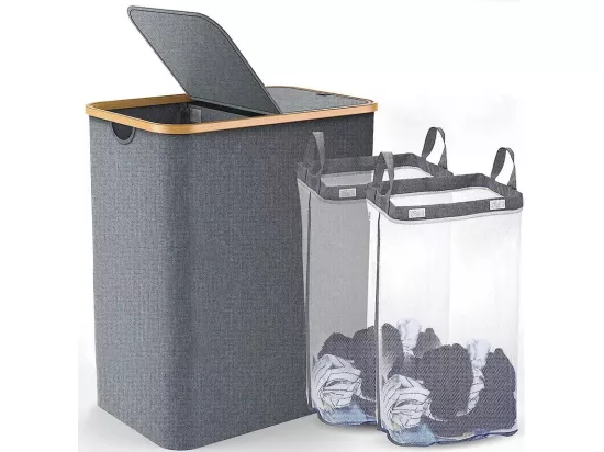 Panier à linge pliant 150L, en tissu gris, avec 2 couvercles et 2 sac intérieur détachable, 57x37x70CM