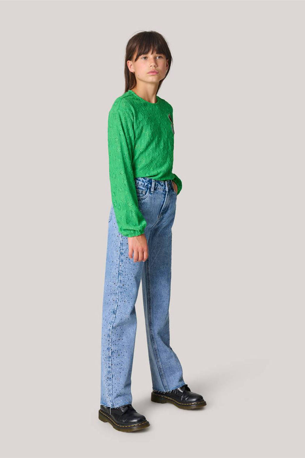 Shoeby high fit straight leg jeans met studs en strass medium blue denim