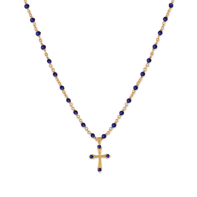 Collier Argent Doré Croix Et Pierres Naturelles Lapis