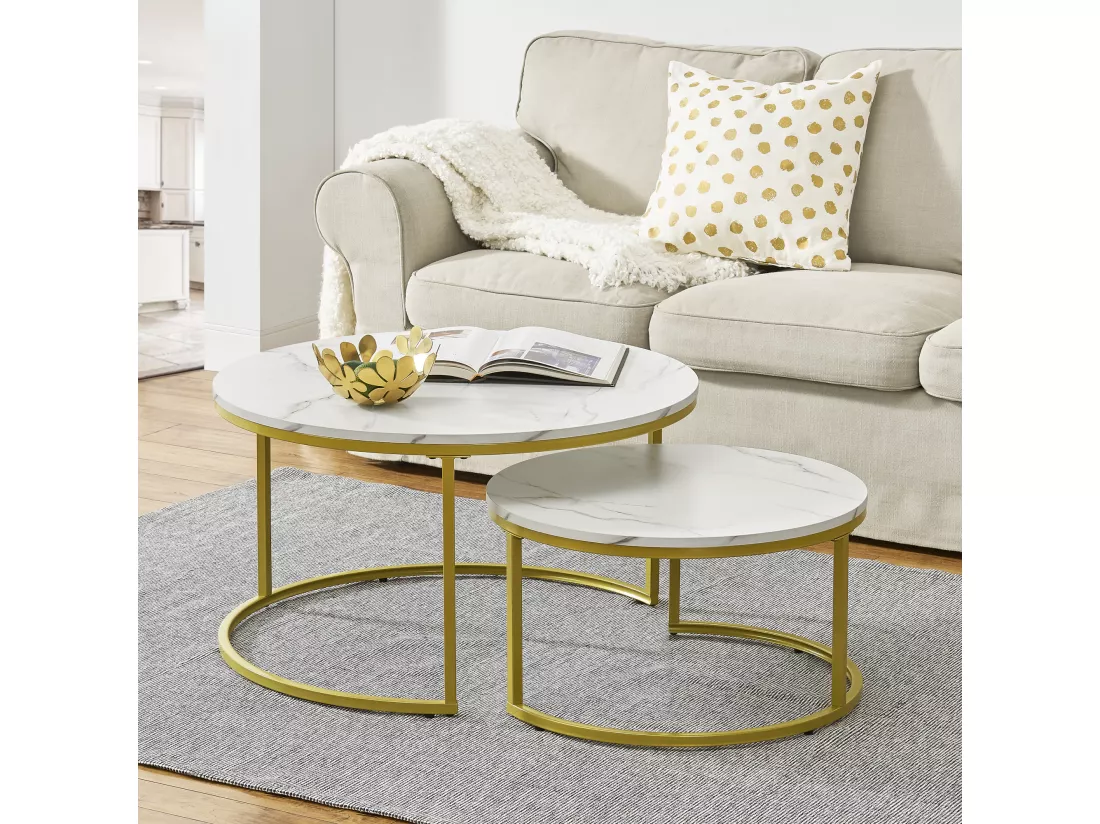 Set de 2 tables basses Christchurch rondes gigognes effet marbre blanc doré [en.casa]