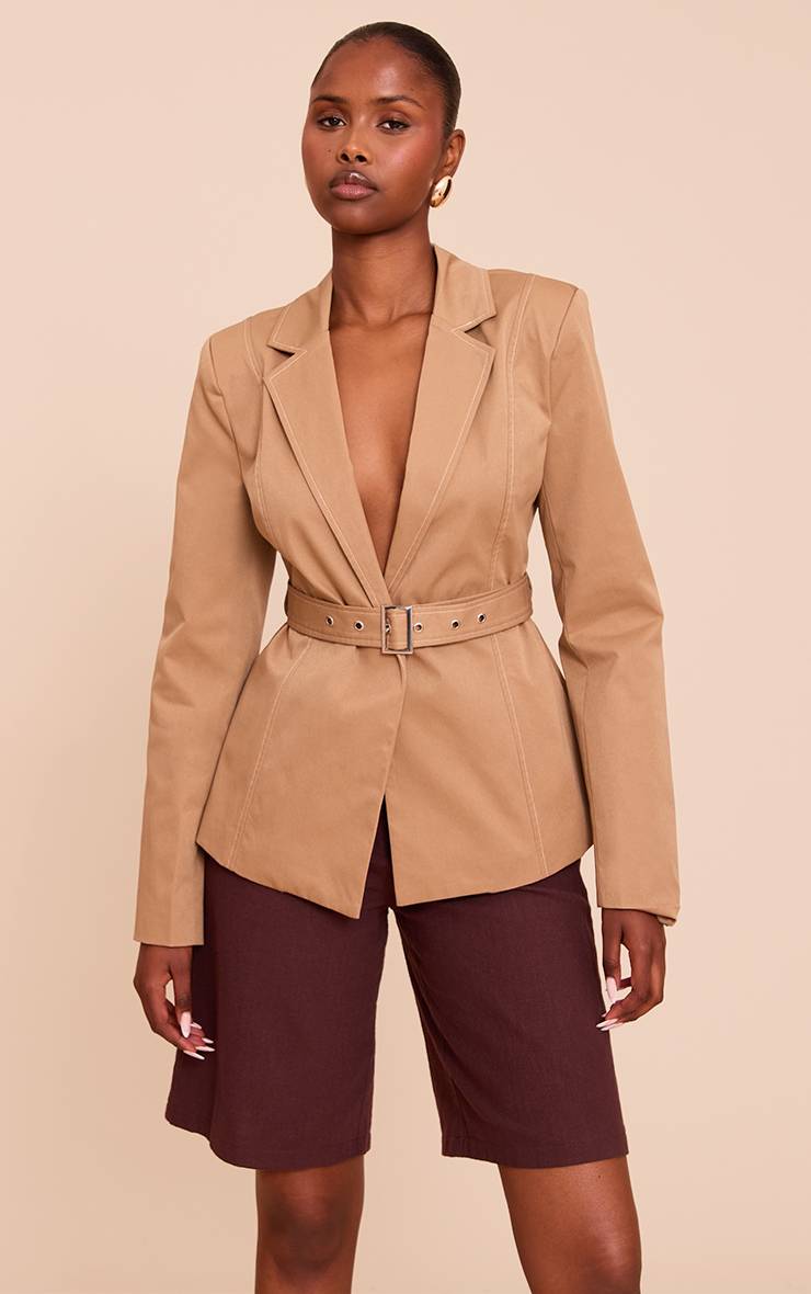 Beige Blazer À Ceinture Nouée Et Surpiqûres Contrastées