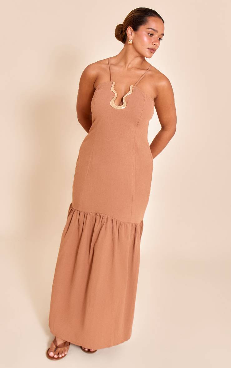 Moka Robe Maxi Shape En Lin Moka À Bordure Ondulée Dorée Et Ourlet Asymétrique