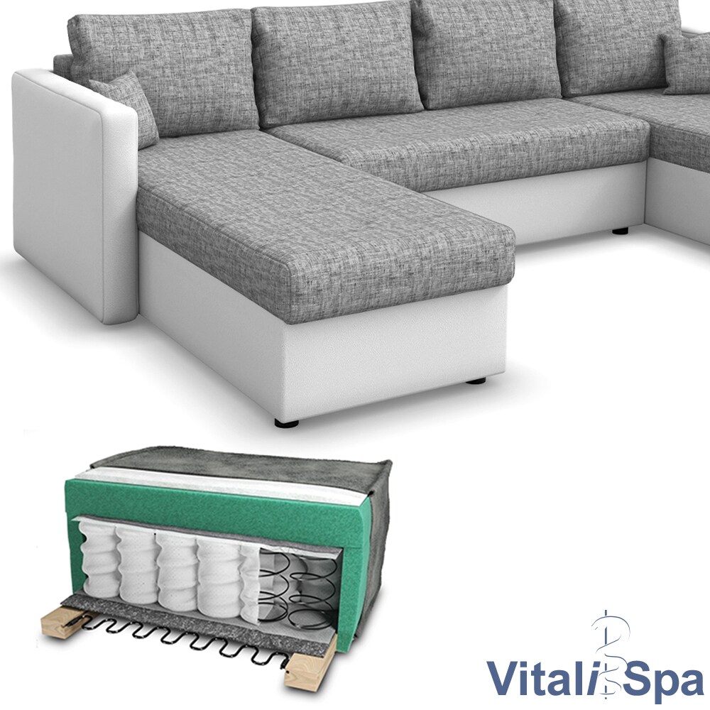 VICCO XXL Ecksofa mit Schlaffunktion Hellgrau - Couch Ecksofa Schlafsofa Taschenfederkern Polstereck