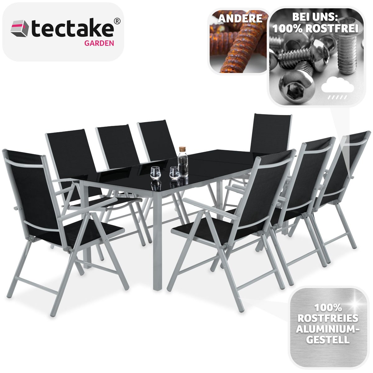 tectake Pompeii zitgroep met aluminium frame, voor 8 personen, tafel met veiligheidsglasplaat en stelschroeven