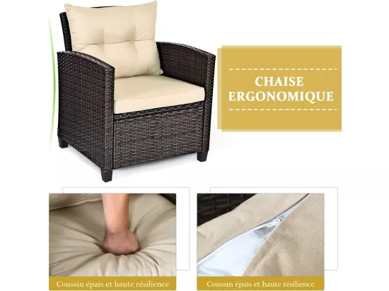 Salon de Jardin en Rotin et fibre naturelle - 3 Pièces - Charge 180KG - 2 Fauteuils et Table Basse avec Plateau en Verre Trempé – Marron
