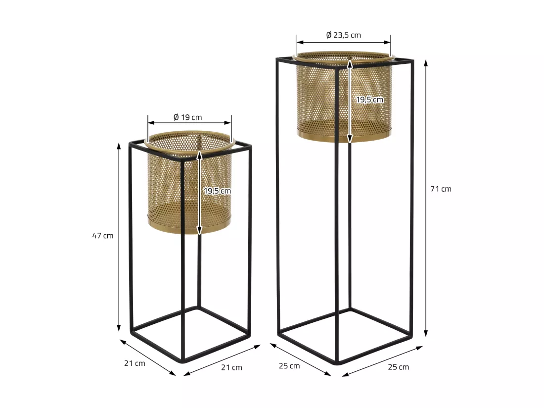 ML-Design Support pour fleurs, set de 2, noir-or, 21x21x47/25x25x71 cm, en acier, support pour pots de fleurs avec cache-pot, support pour plantes en métal, support pour pots de fleurs 2 pièces, pot de plantes déco Colonne de fleurs Tabouret de fleur