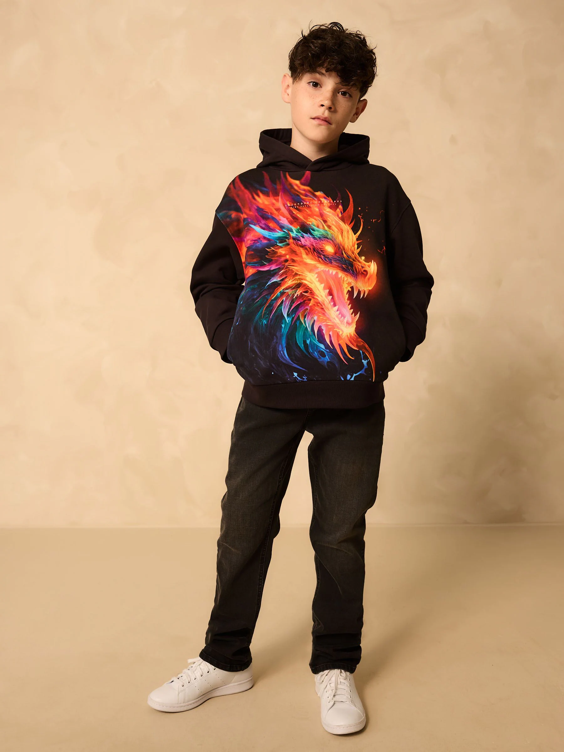 Zwart met draak - Grafische print hoodie voor oudere jongens (3-16jaar)