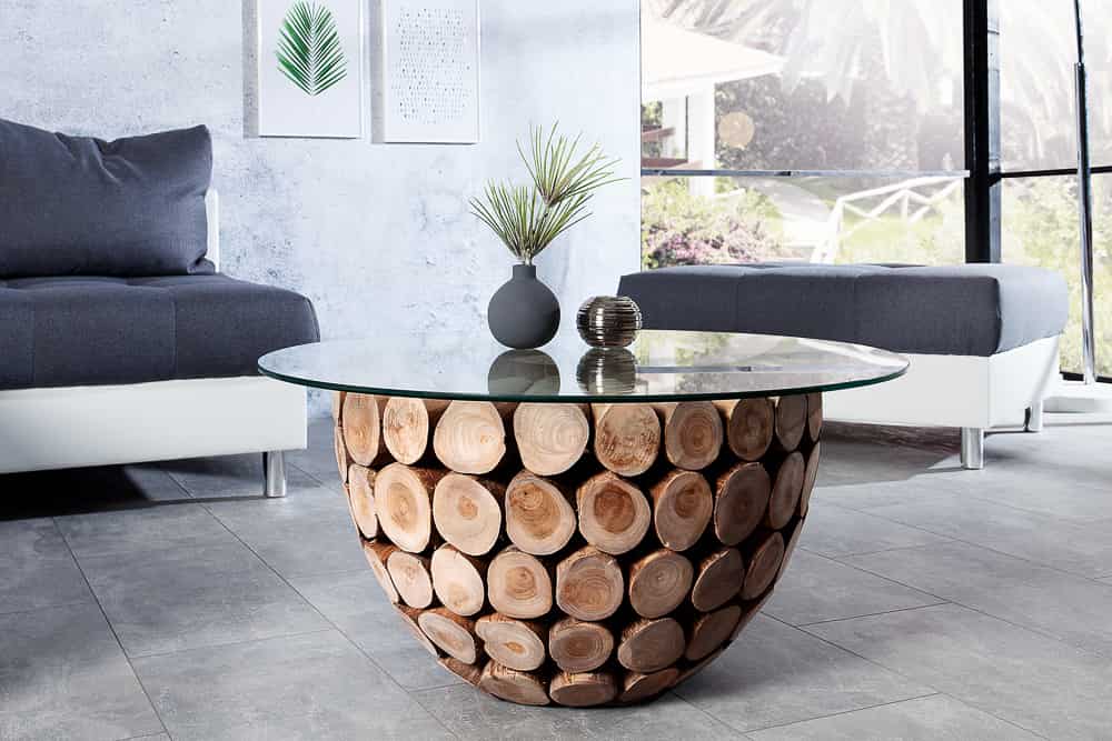 Handgearbeiteter Couchtisch PURE NATURE 70cm Teak Massivholz rund mit Glasplatte