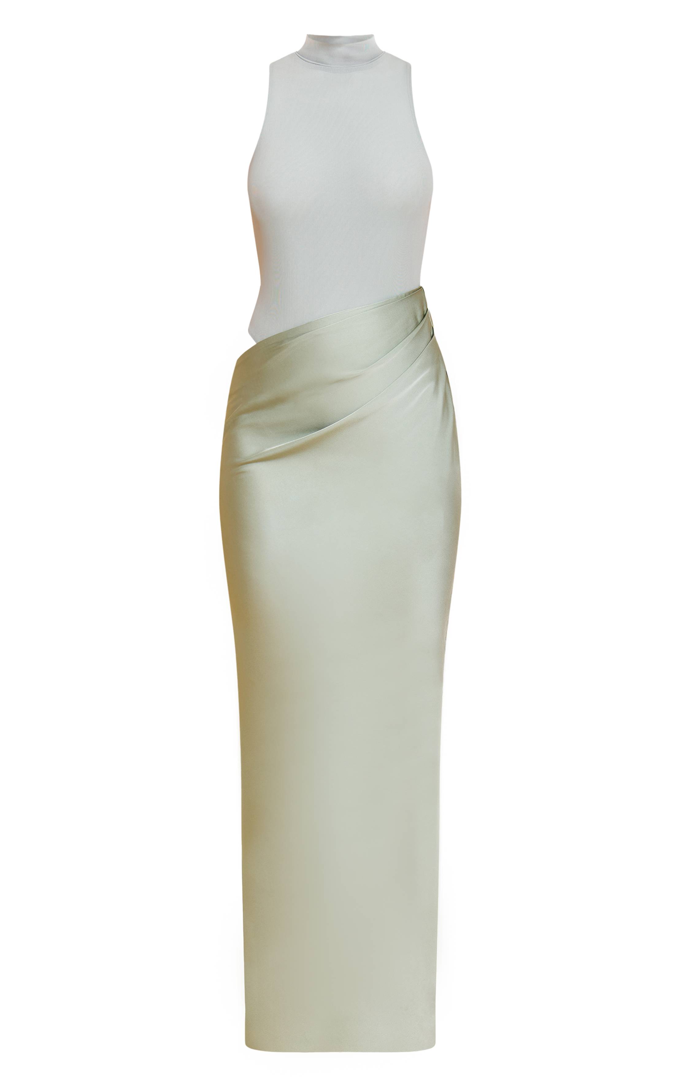 Vert Sauge Robe Maxi Jupe Satinée À Empiècement Mesh Racer