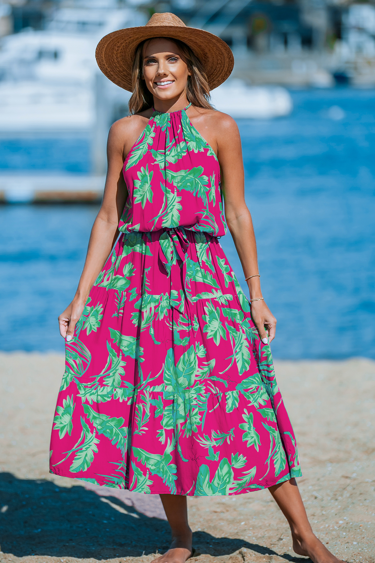 Robe maxi à col licou tropical rose et verte