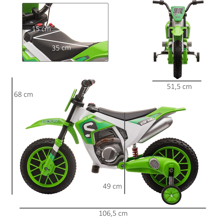 HOMCOM Kinder Elektromotorrad mit 2 abnehmbaren Stützrädern grün