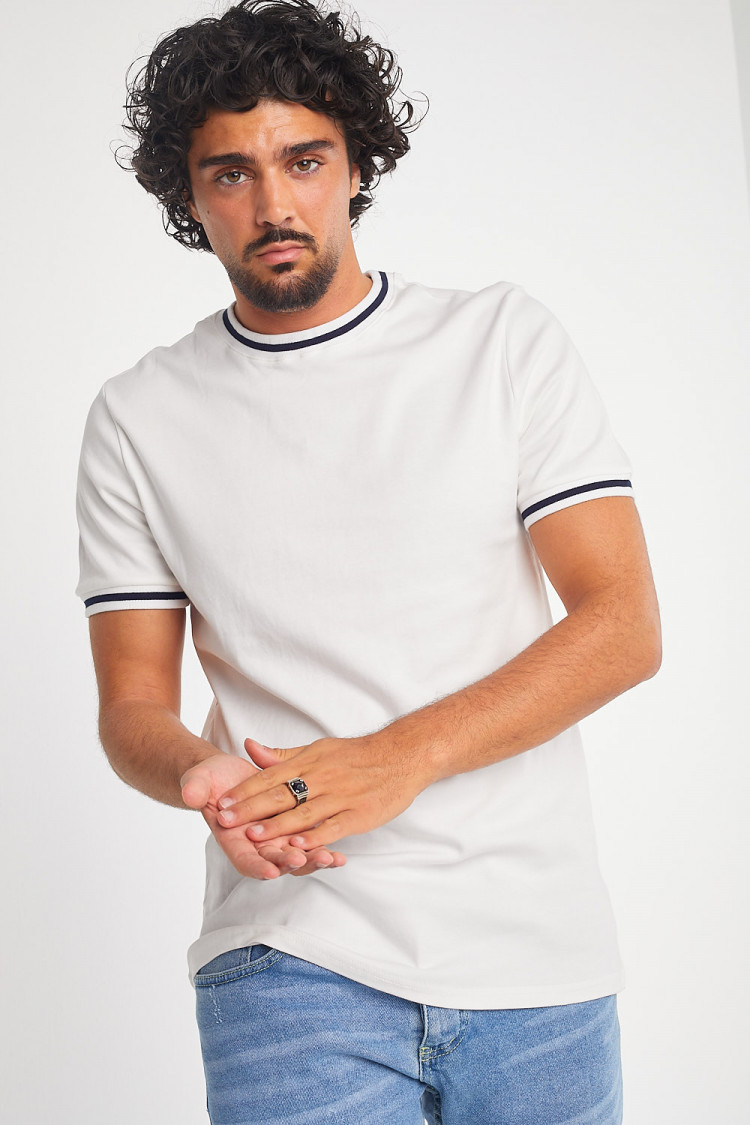 T-shirt blanc col rond à bandes noires