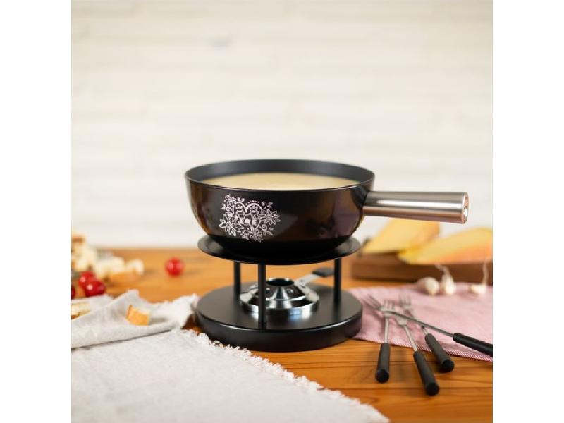 Kuhn Rikon Käsefondue-Set Alpenliebe 7 Teile, Schwarz Käsefondue-Set mit Edelweiss-Blümchen