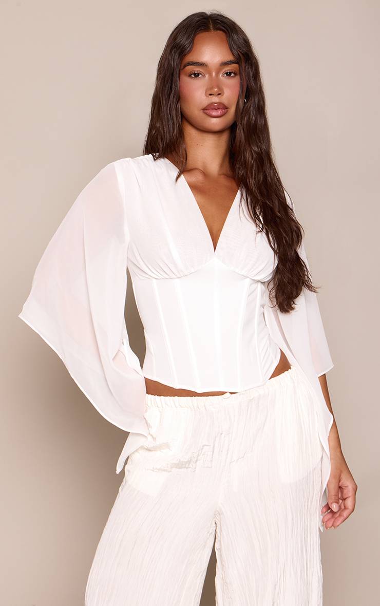 Blanc Top En Mousseline À Taille Corset Et Manches Drapées