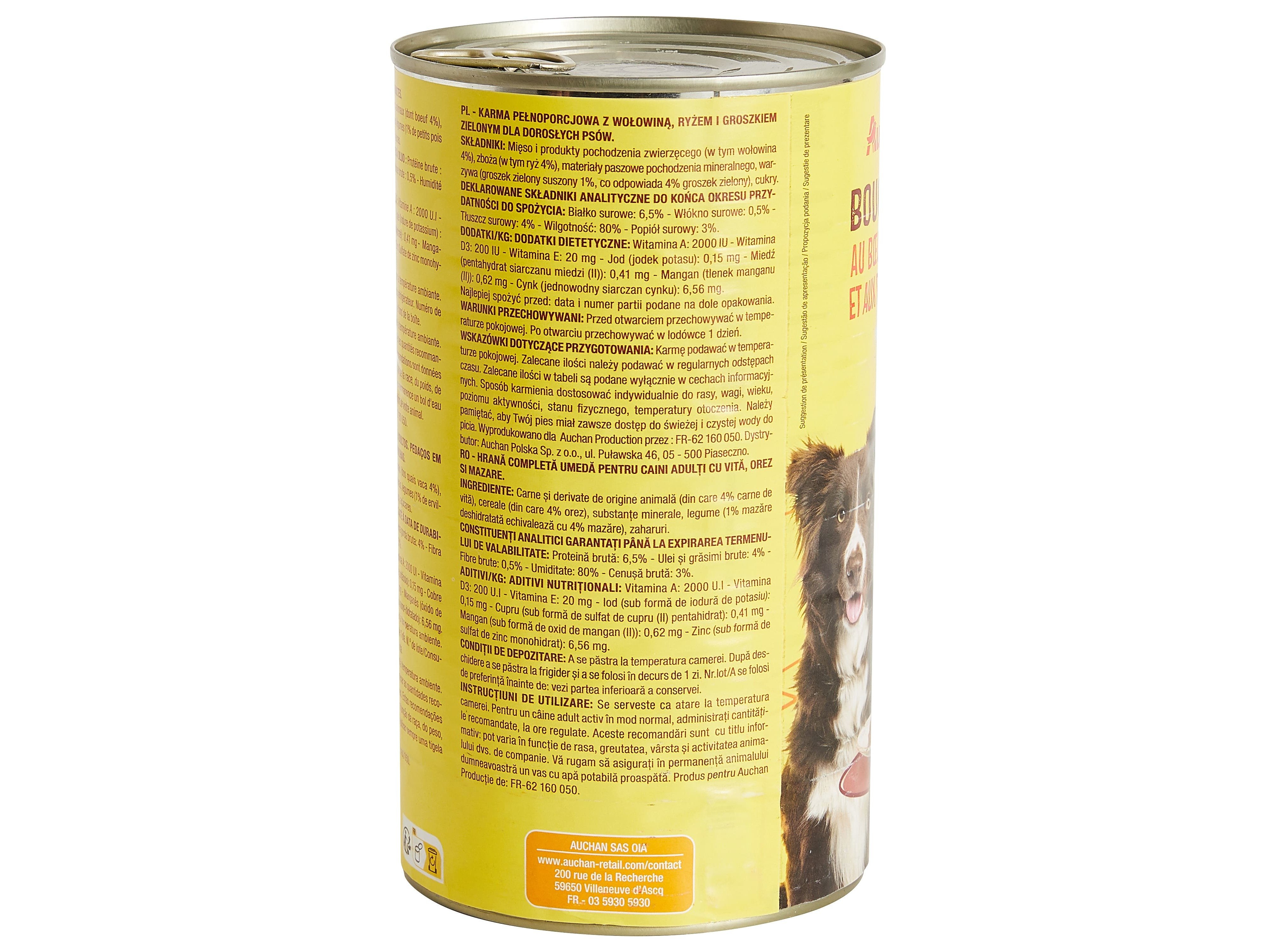 COMIDA HÚMIDA PARA CÃO AUCHAN PEDAÇOS EM MOLHO COM VACA COM ARROZ E COM ERVILHAS 1200G