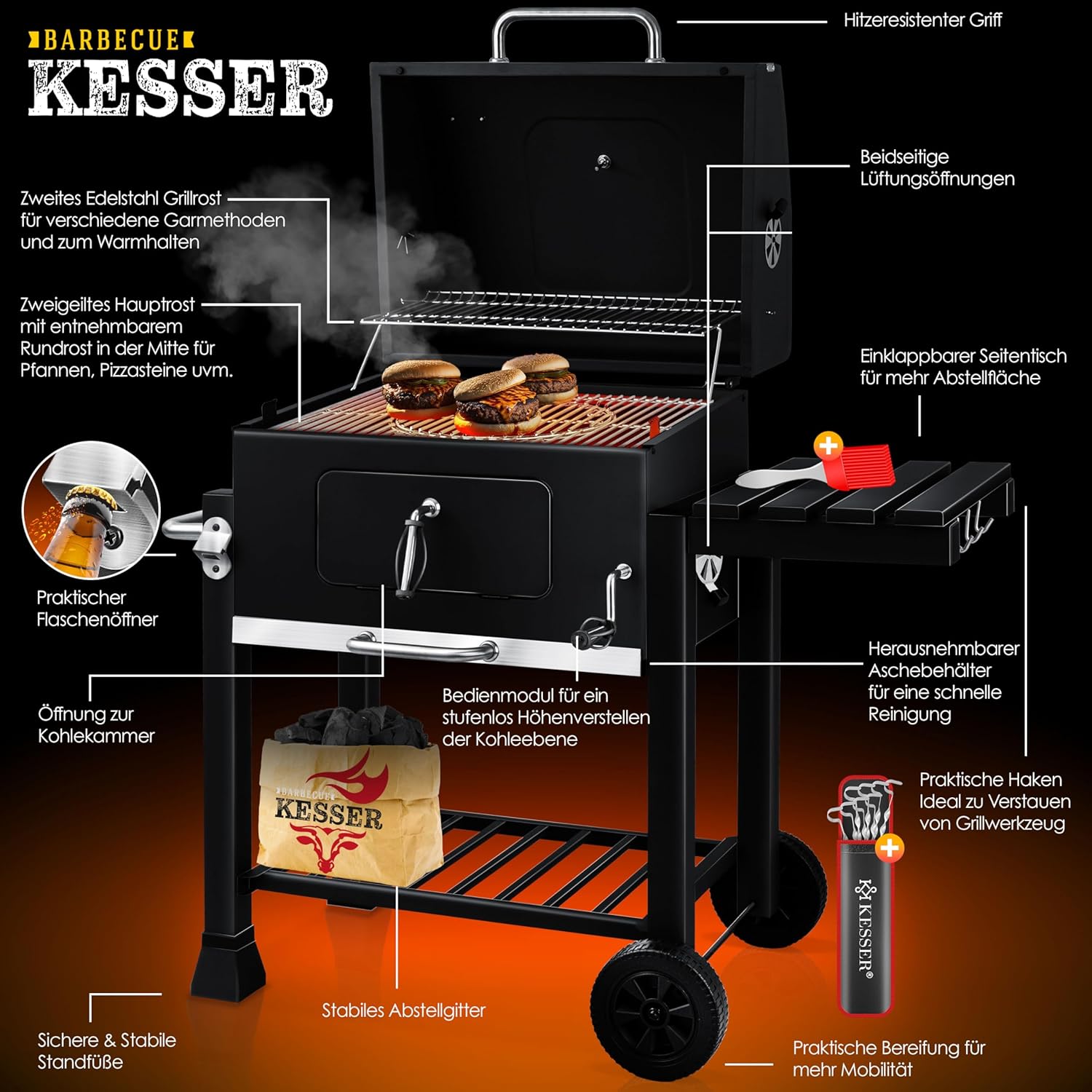 KESSER® Grill Grillwagen BBQ Smoker XL Holzkohlegrill mit Deckel, Rädern, Edelstahl-Griff, Grillrost und Thermometer, 8 Spieße mit Tasche & Silikon-Pinsel, Standgrill, Kohlegrillwagen
