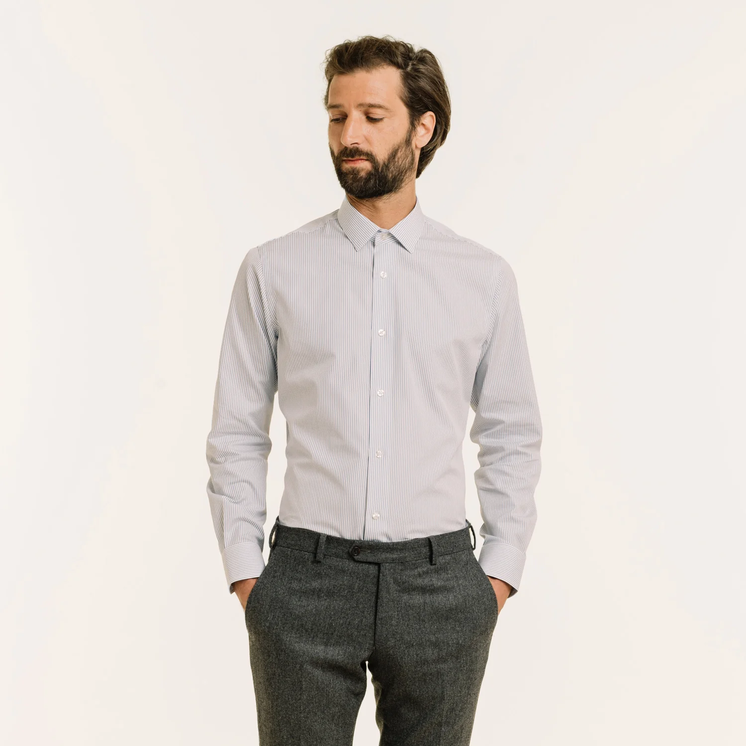 Double-twisted poplin shirt with fine blue stripes