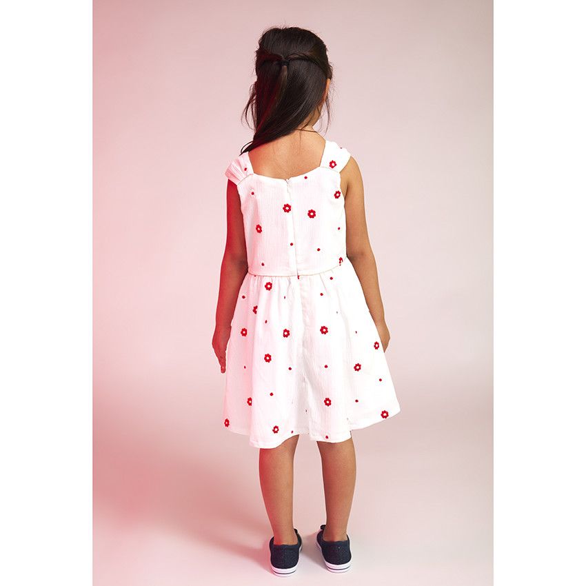 Robe manches courtes en tulle avec broderies fleurs pour fille - Ecru