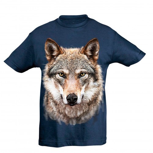 Camiseta infantil com estampa de lobo, azul