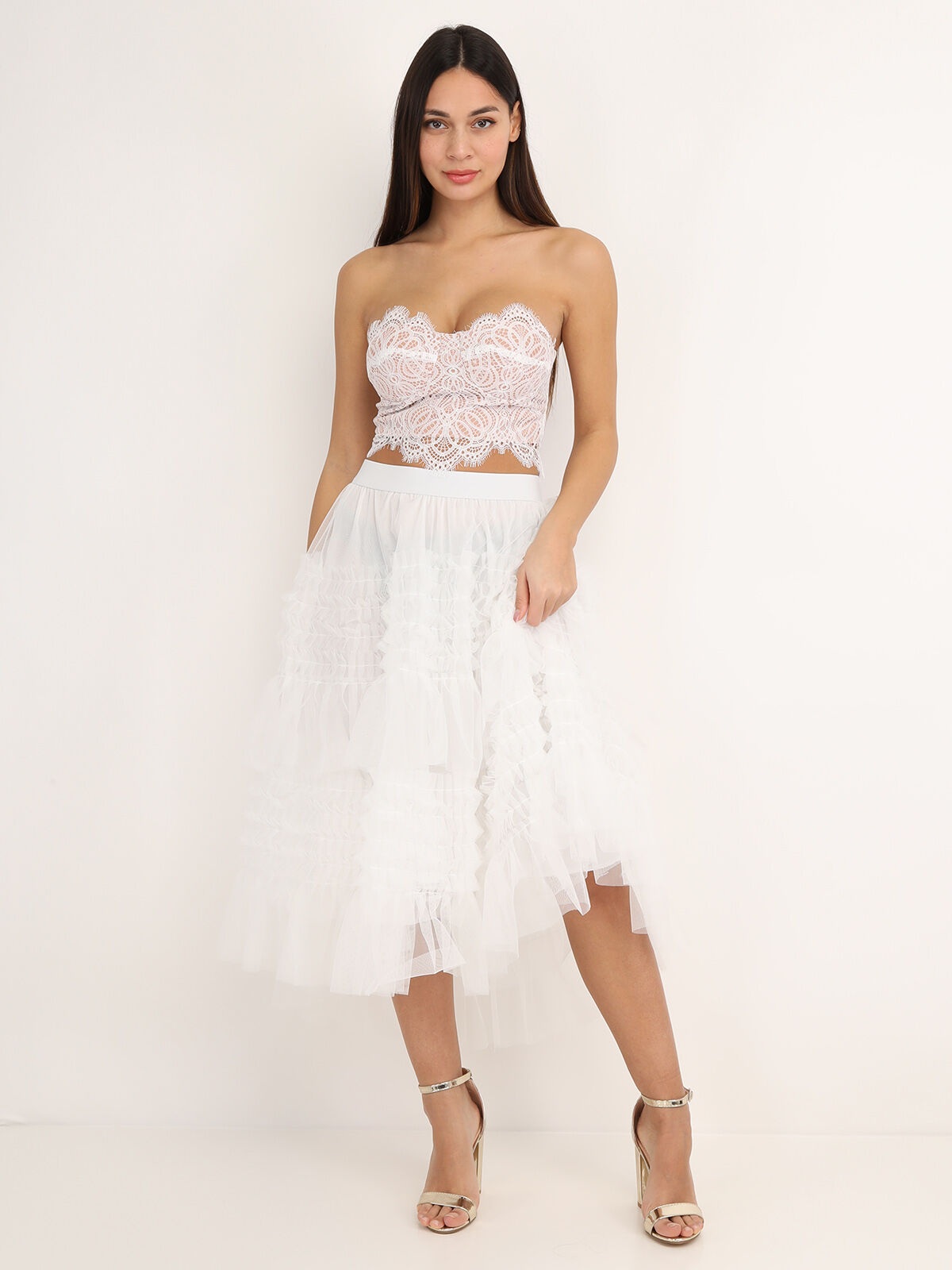 Jupe mi-longue en tulle à volants- Blanc