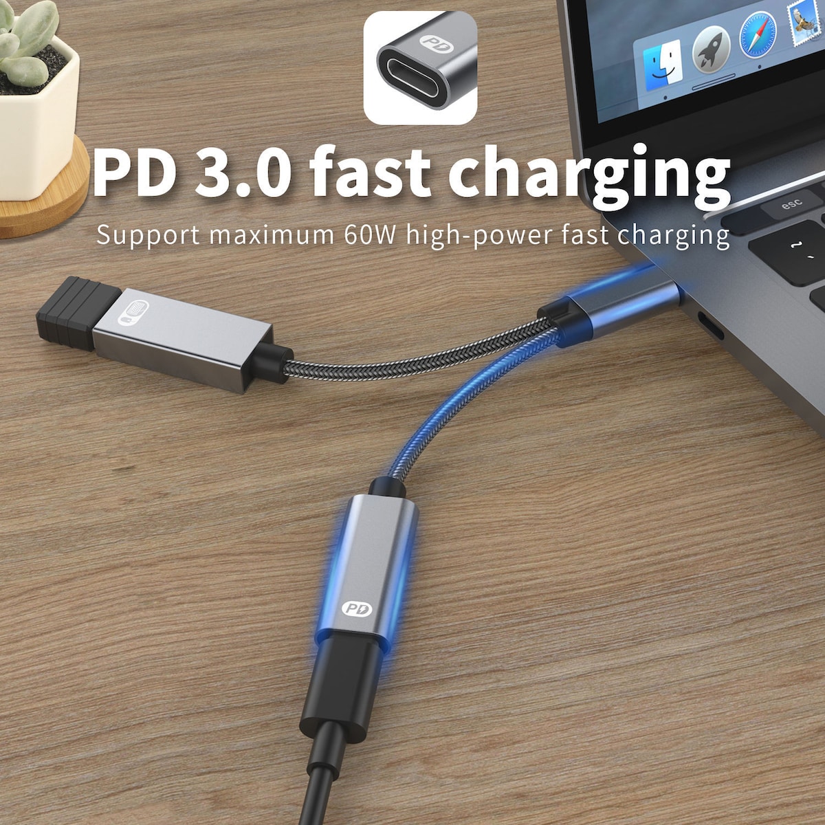 USB-C hann til USB hunn + USB-C PD ladekontakt og OTG adapter USB 2.0
