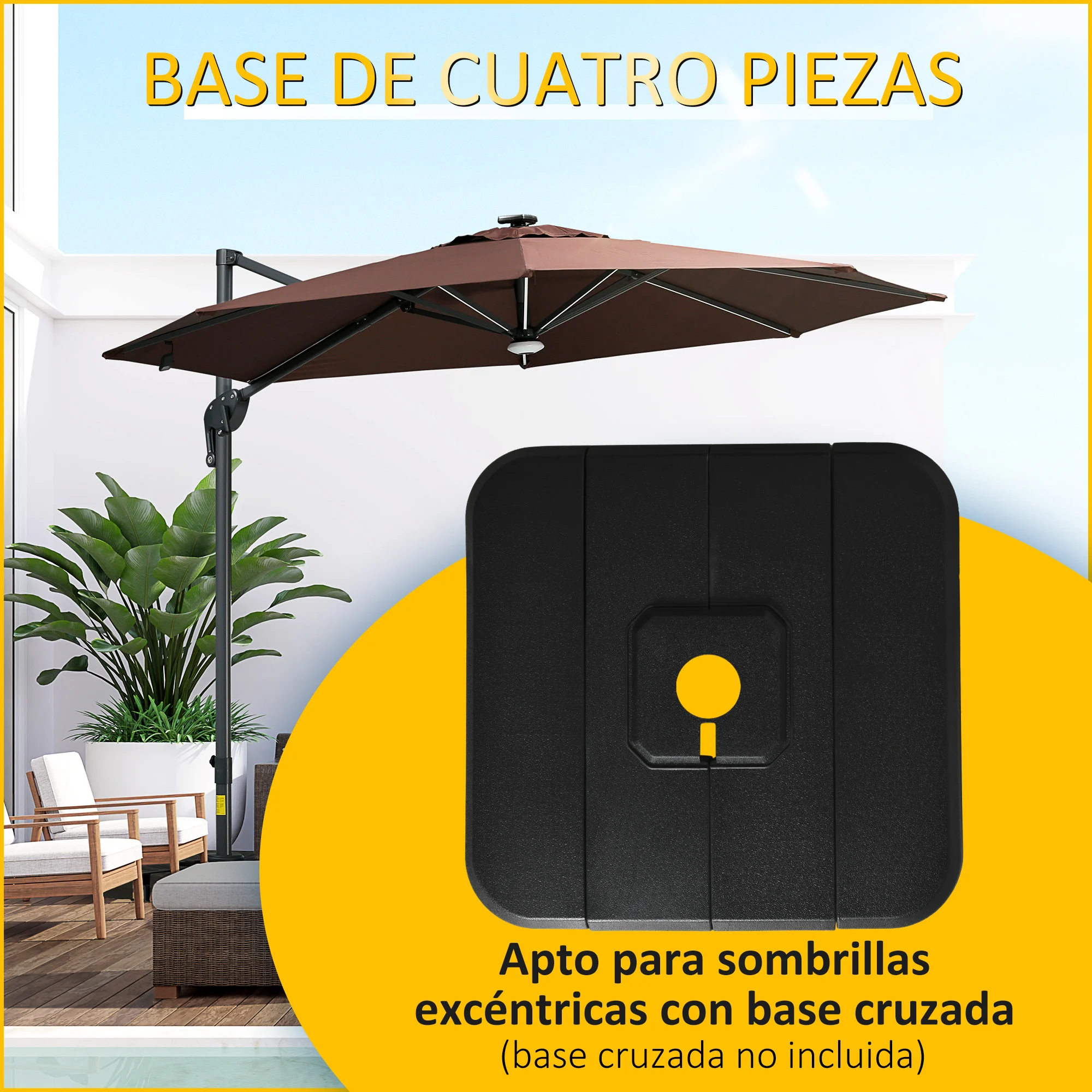 Base para guarda-sol Outsunny de 4 peças, enchível com água (90 kg) ou areia (130 kg), pesos de base cruzada para guarda-sol de jardim, terraço e pátio, 98x98x13 cm, preta