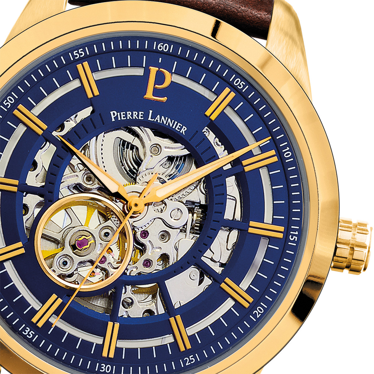 Montre PIERRE LANNIER automatic homme automatique acier doré bracelet cuir brun