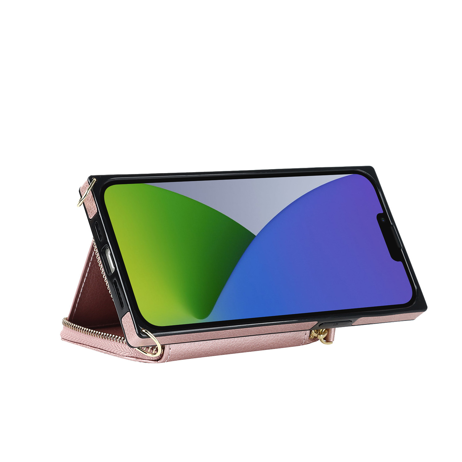 iPhone 15 Pro Necklace Leder Schutz Hülle mit Kartenfächer   Handykette (140cm) - Roségold